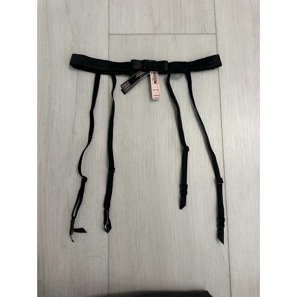 NWT Victoria's Secret Garter Belt Sz XS/S Black Bow Rhinestones